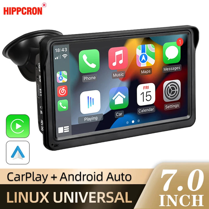 A 7-inch Hippcron Car Multimedia Player with Wireless CarPlay and Android Auto mounted on a suction cup.