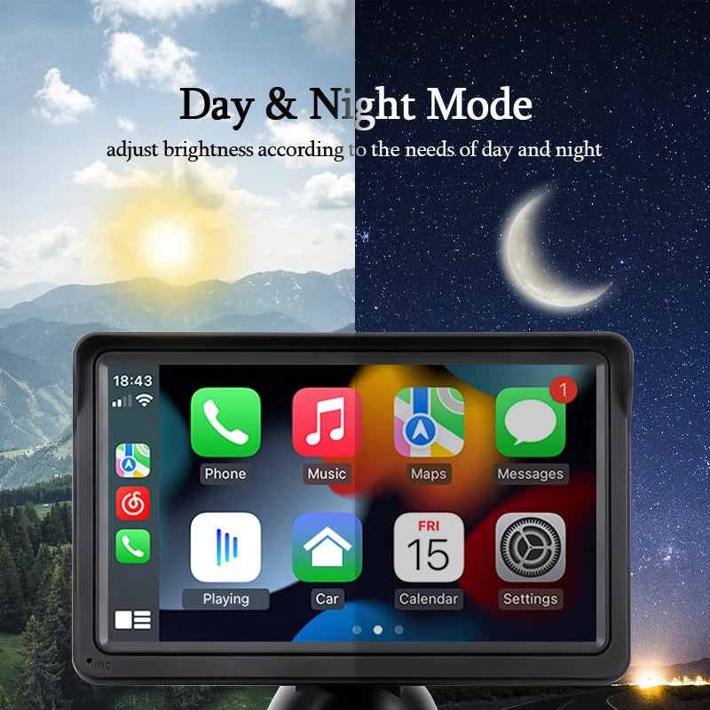 Comparison of day and night mode settings on the 7-inch display for visibility enhancement.