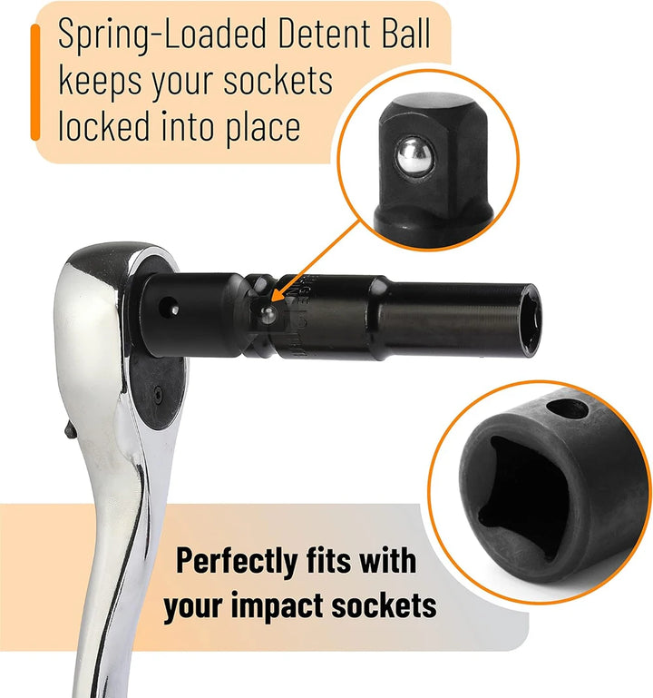 Spring-loaded detent ball secures sockets for impact tool usage