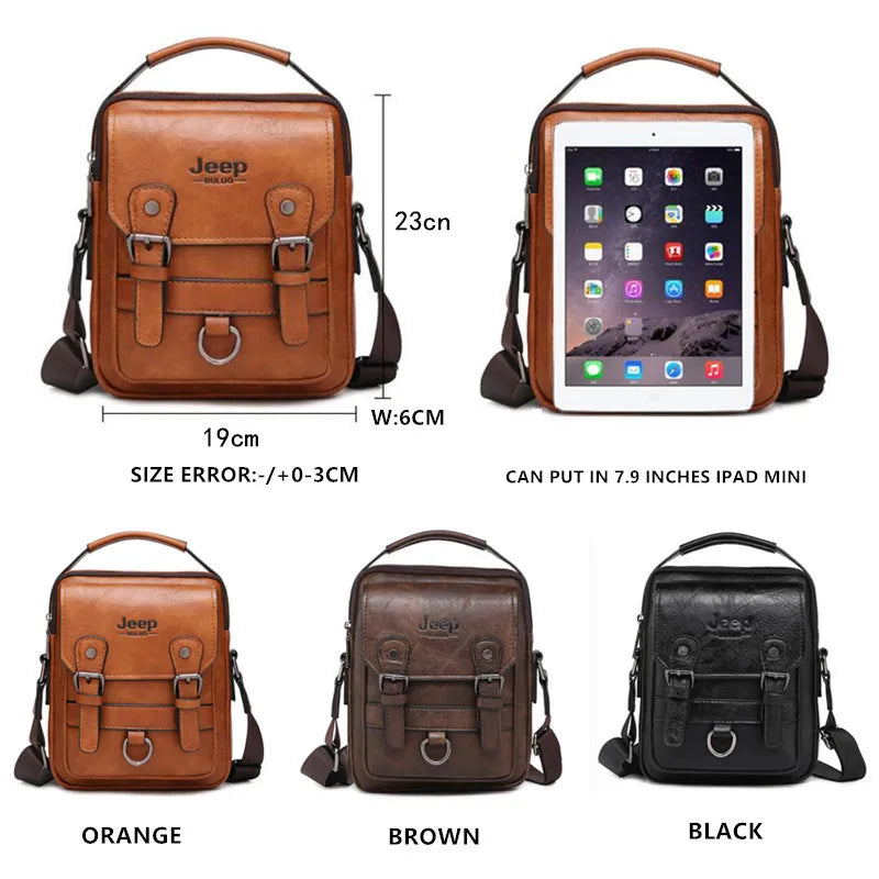 Size chart and available color options (brown, black, orange) for the JEEP BULUO shoulder bag, displaying a tablet for size reference.