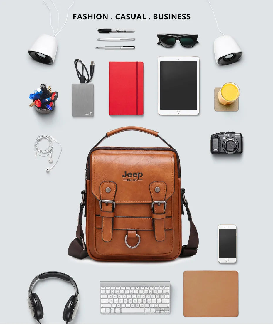 Flat lay image of daily essentials, including a laptop, phone, and accessories, arranged with the JEEP BULUO Bag
