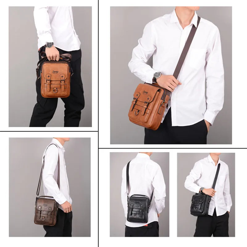 Model wearing the JEEP BULUO Leather Messenger Bag in multiple styles, including crossbody and shoulder carry.