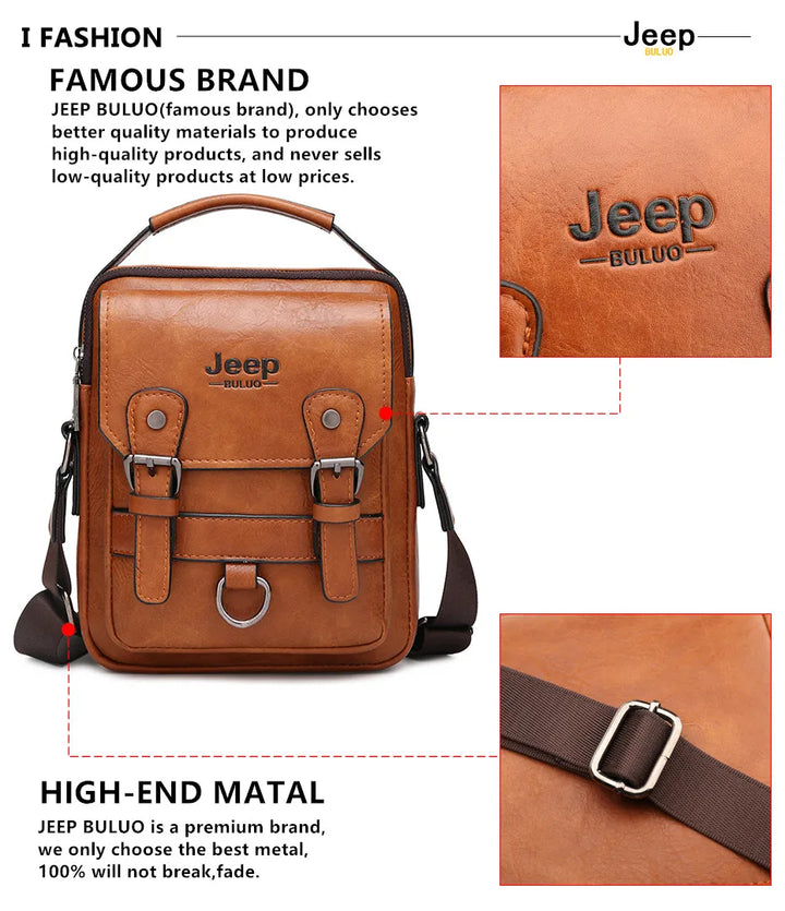 Promotional graphic highlighting the stylish and functional aspects of the JEEP BULUO Leather Shoulder Bag.