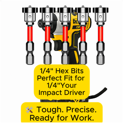 Red and silver 1/4-inch hex bits lined up in front of a DeWalt impact driver on a white background with yellow text overlay.