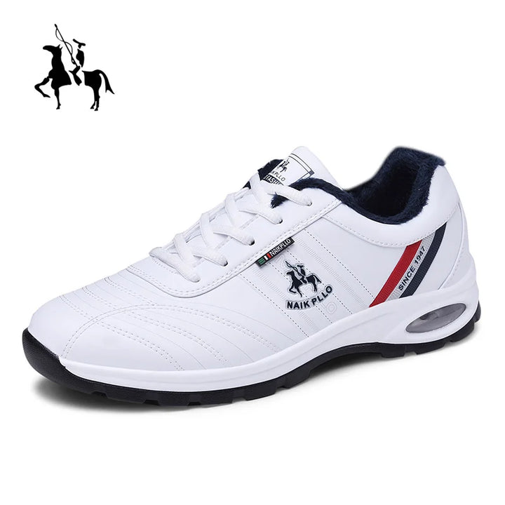 Stylish men's sneakers in white with a black and red accent, displayed on a clean background.