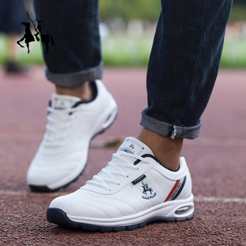 A model wearing white sneakers while walking on a red track surface.