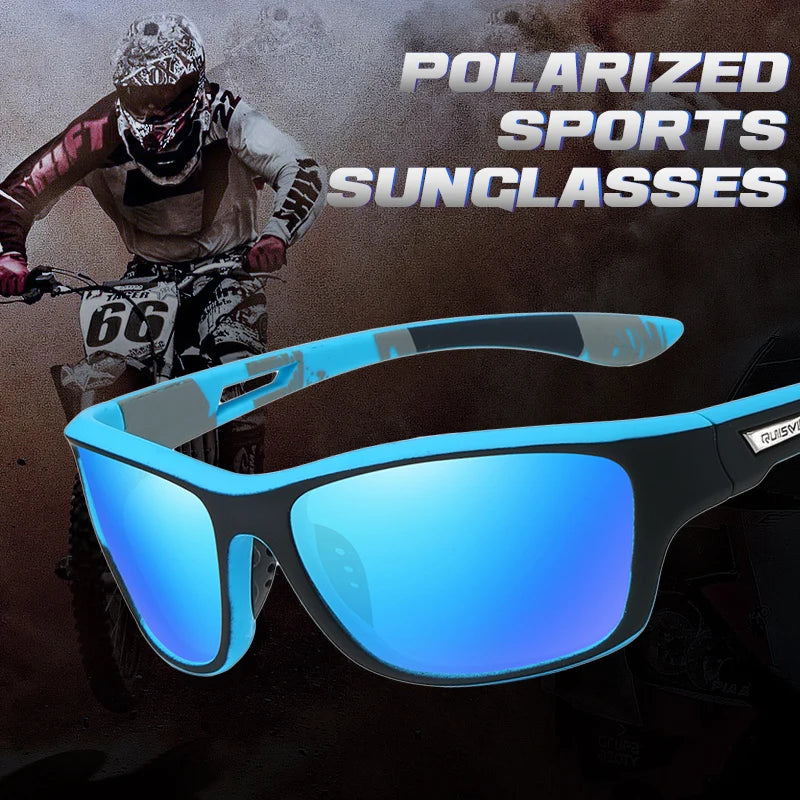 Blue polarized sports sunglasses with a motocross rider in the background, showcasing durability and style for outdoor activities.