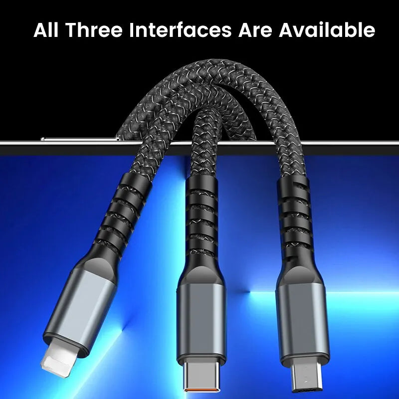 '-in-1 USB C, Micro USB, and Lightning cable for universal device charging.