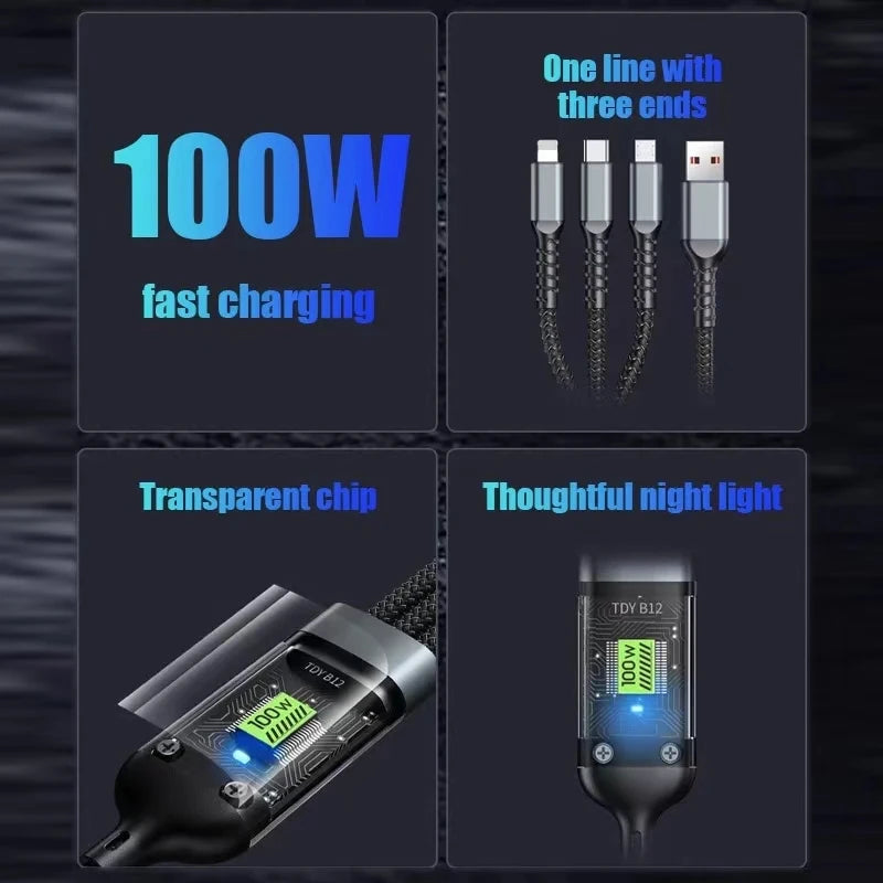  100W ultra-fast charging cable packaging with detailed specifications.