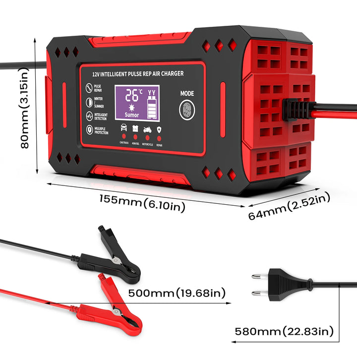SmartGearPros Battery Charger with detailed size dimensions and wire length