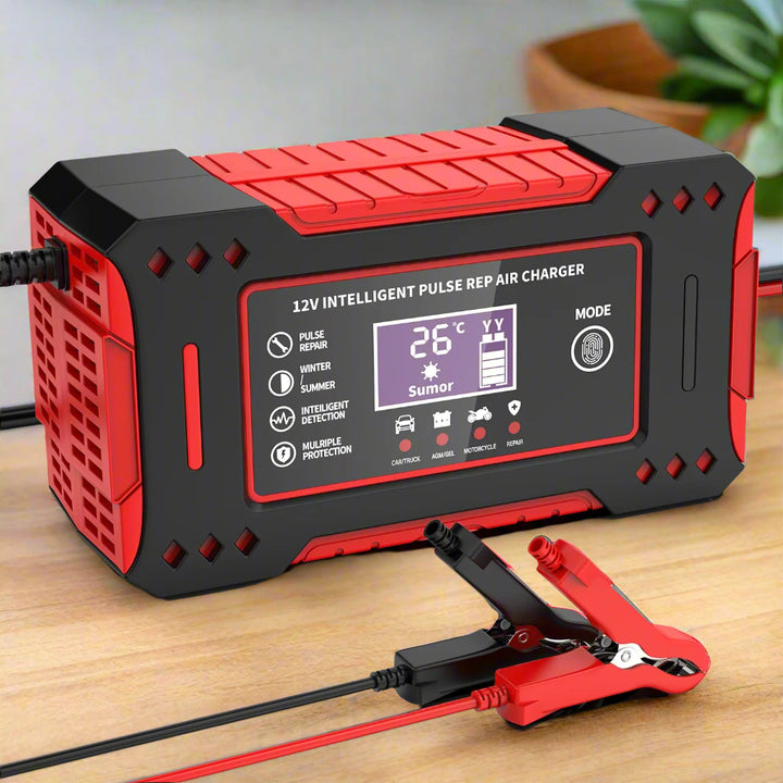  6A 12V Intelligent Car Battery Charger with LCD Display and alligator clamps