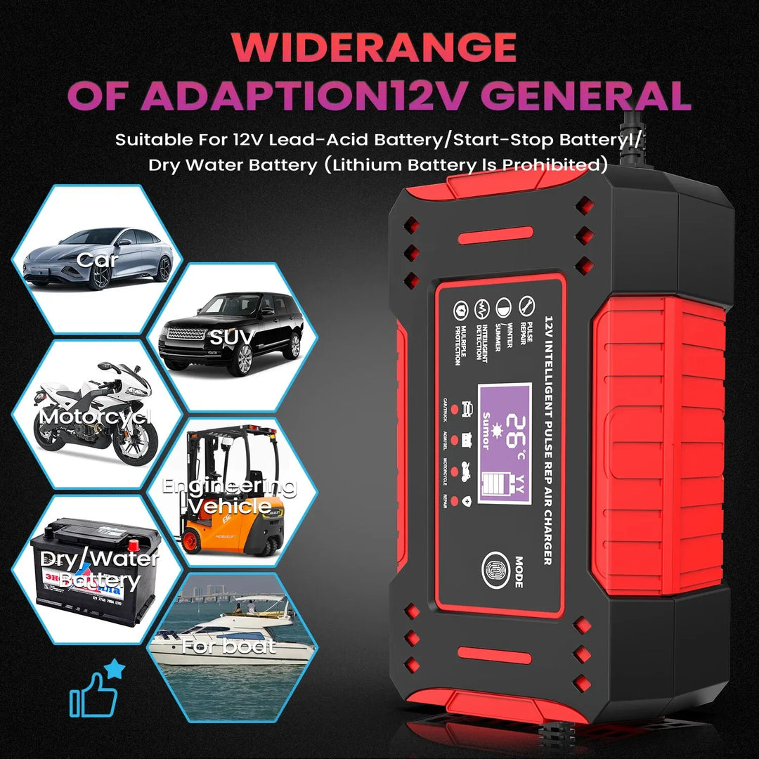 Wide compatibility with various 12V battery types, including car, truck, and motorcycle batteries