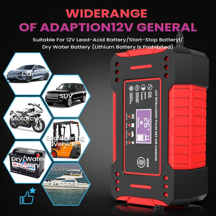 Wide compatibility with various 12V battery types, including car, truck, and motorcycle batteries