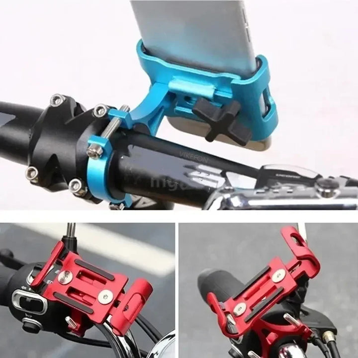 lue aluminum alloy phone holder attached to a bike handlebar.