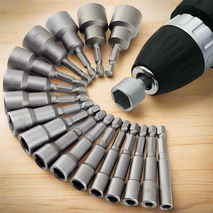  Full view of the 9-piece SmartGearPros Hex Socket Nut Driver Set, displayed in a fan shape.