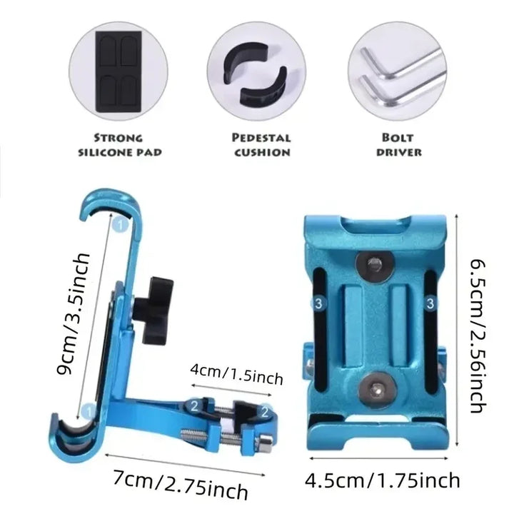 Detailed image of phone holder parts, including screws, clamps, and support pads