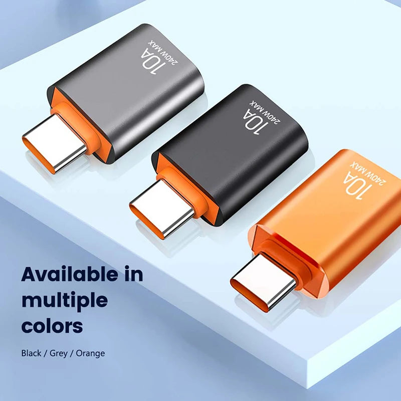 USB Type-C adapters in black, silver, and orange