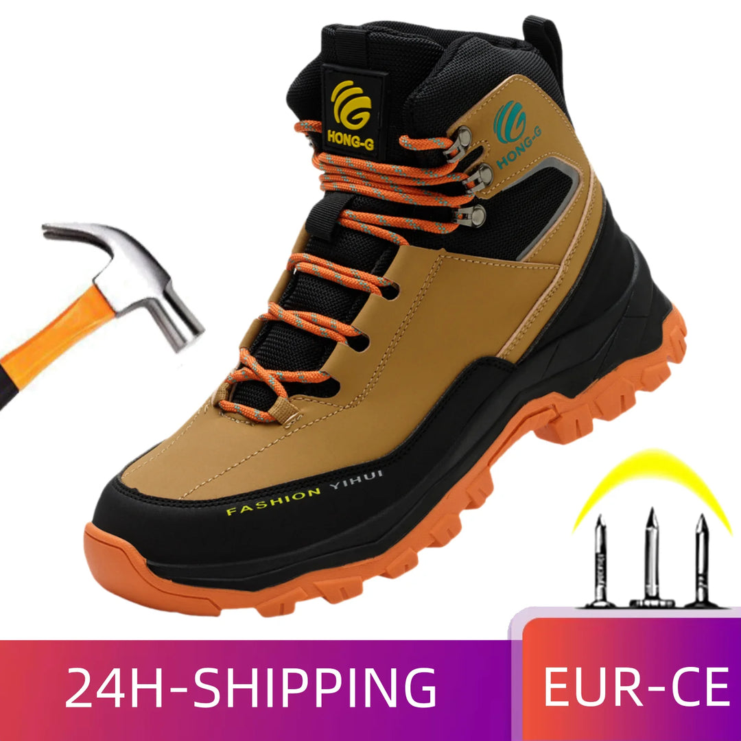 Steel toe safety boots with anti-smash and waterproof design.