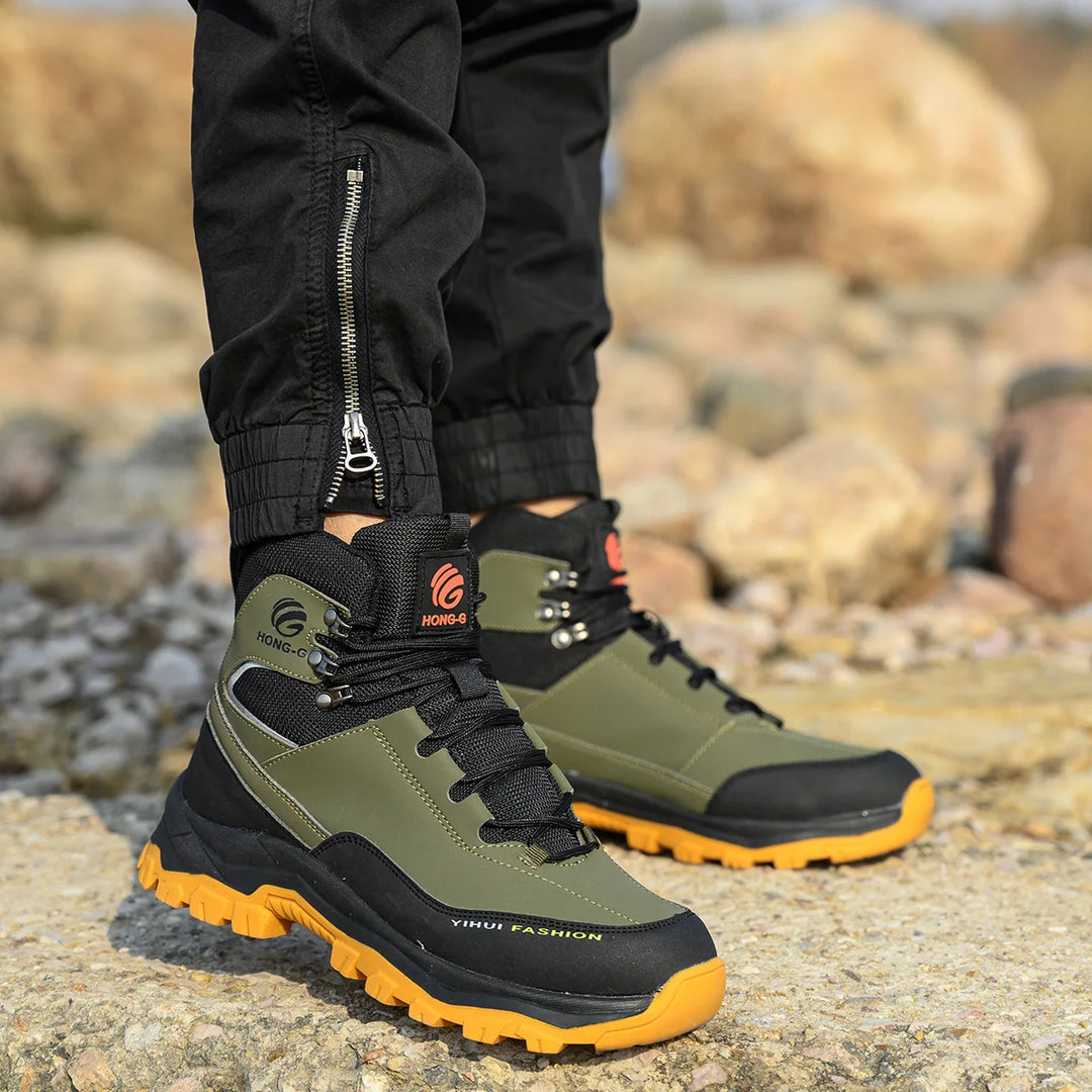 Green and black steel toe work boots designed for protection