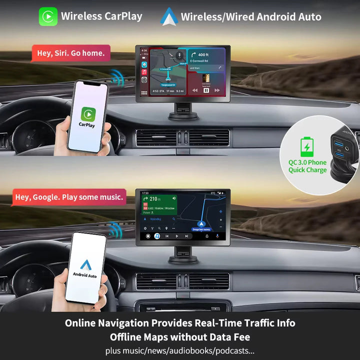 Demonstration of wireless CarPlay and Android Auto syncing with a smartphone.