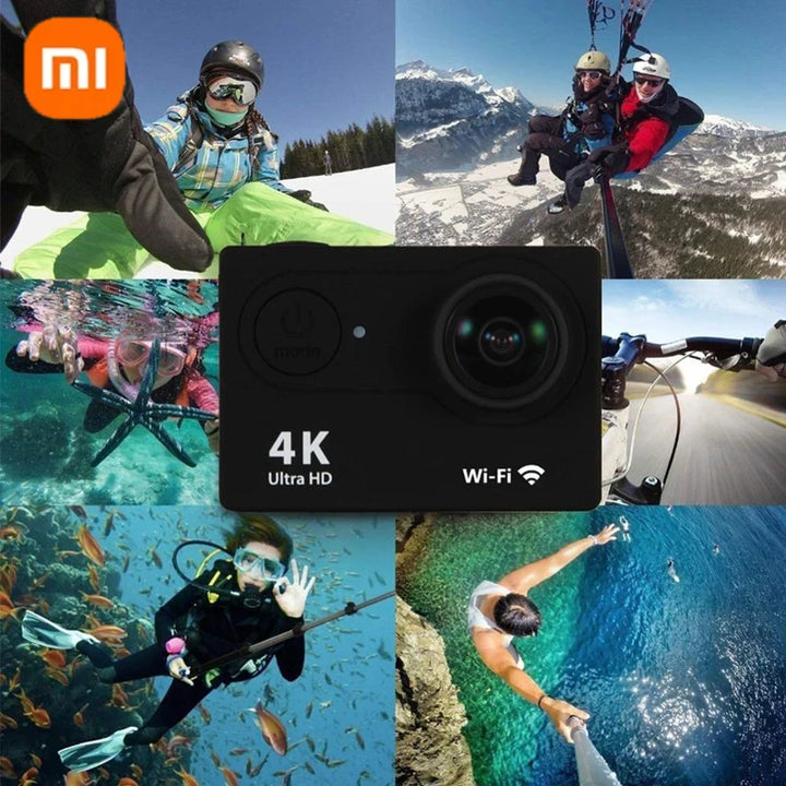 Xiaomi action camera used for various adventure sports like skydiving, surfing, and cycling