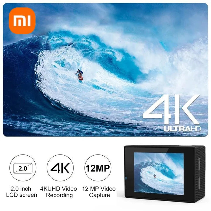 Xiaomi action camera displaying 4K video recording with a surfer on screen