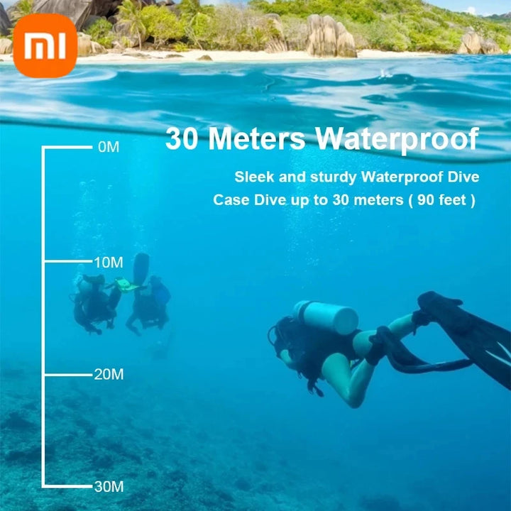 Xiaomi 4K action camera submerged underwater showing 30m waterproof capability